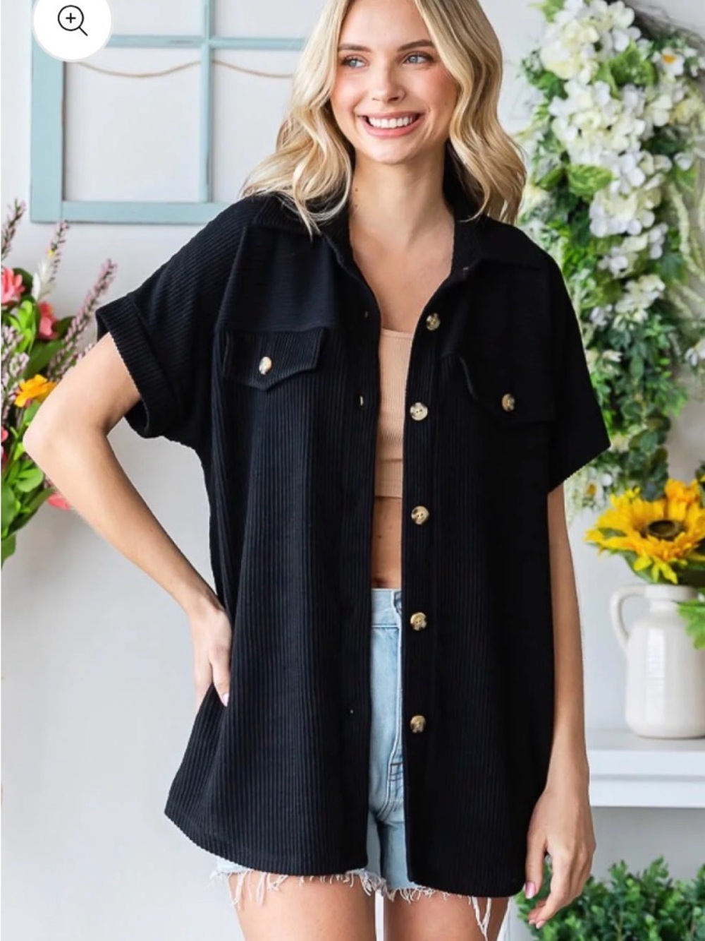 Black Short-Sleeve Button-Front Ribbed Shacket 3xl